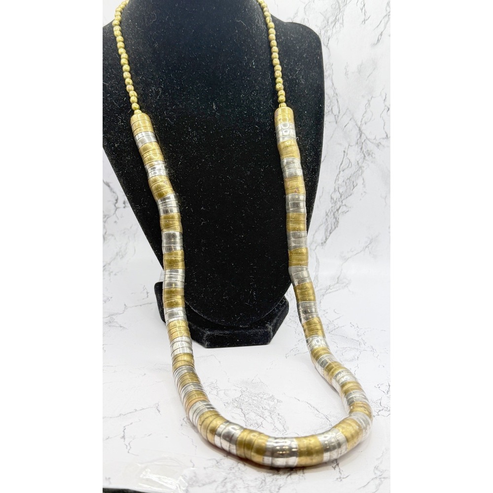 Chunky Two Tone Gold Silver Heishi Style Disc Necklace 33" Statement - Picture 1 of 6